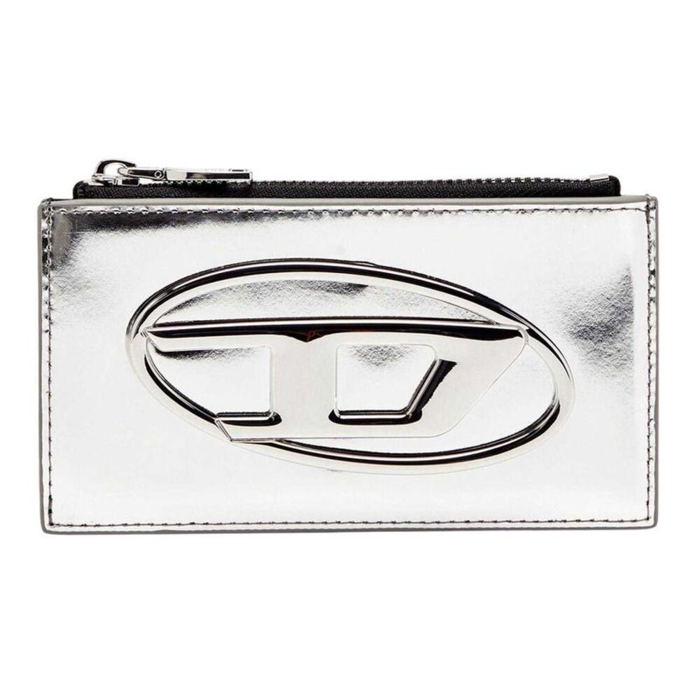 Diesel Metal Logo Leather Card Holder / Silver